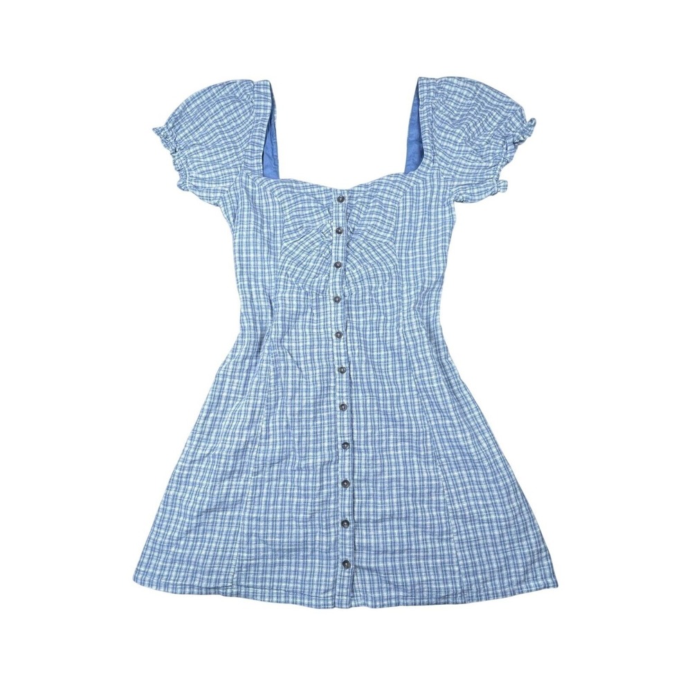 NWT Kimchi Blue Womens Blue Plaid Button-Down Milkmaid Mini Dress M Cottagecore